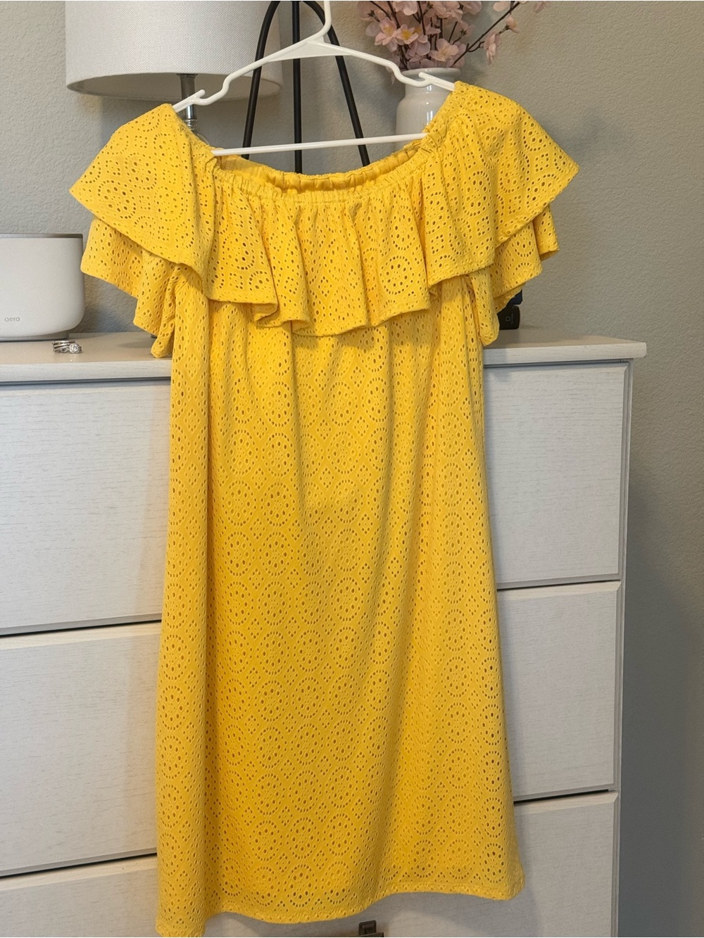 London Times Yellow Eyelet Off-Shoulder Mini Dress